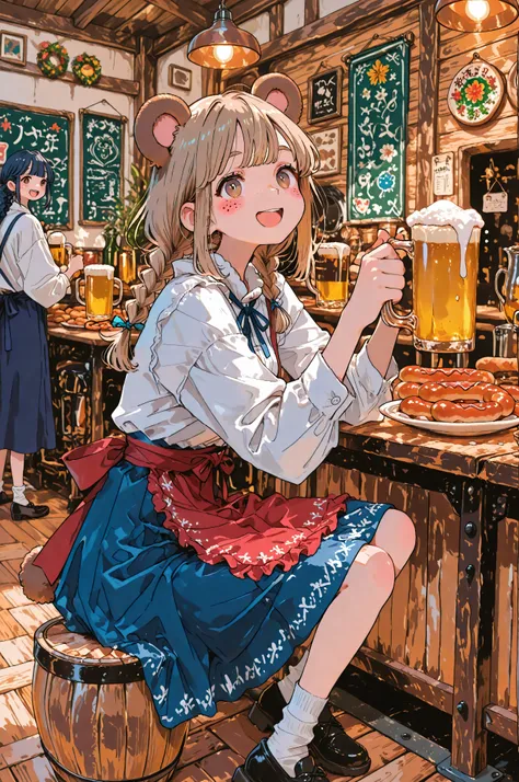 masterpiece、Highest Quality、ultra high definition、Oktoberfest、1 woman、Long Brown Braids、Brown Bear Ears、Short Round Bear Tail、freckles on the cheeks、Laugh cute with a beer mug、Light Brown Eyes、Traditional Dilldle Outfit、white blouse、Dark blue dress、red apr...