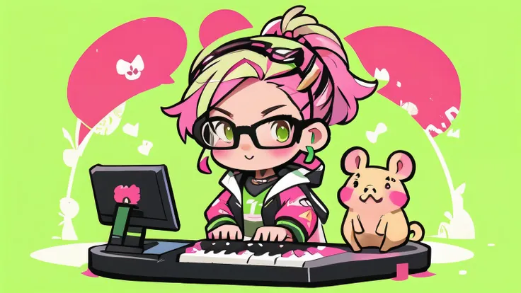 capybara with ponytail hair glasses (Pink with green highlights) De Bone playing keyboard and mouse from PC Batata