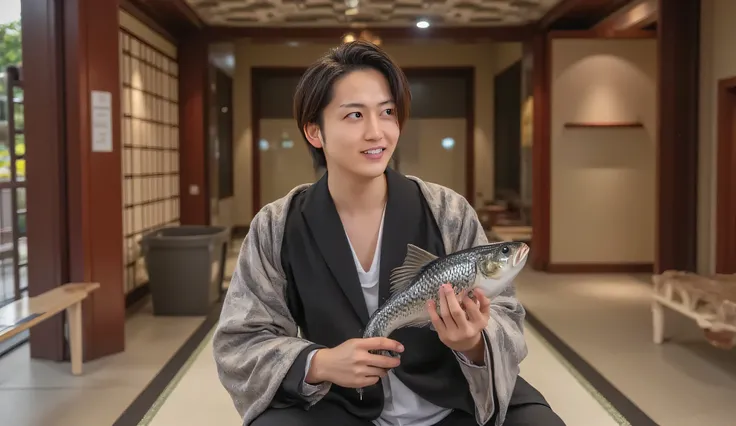 1 handsome man, solo, in the center, at a temple, holding a koi fish, traditional Japanese clothing, kimono, standing, cute impression, charming, ultra high resolution, masterpiece, best quality,