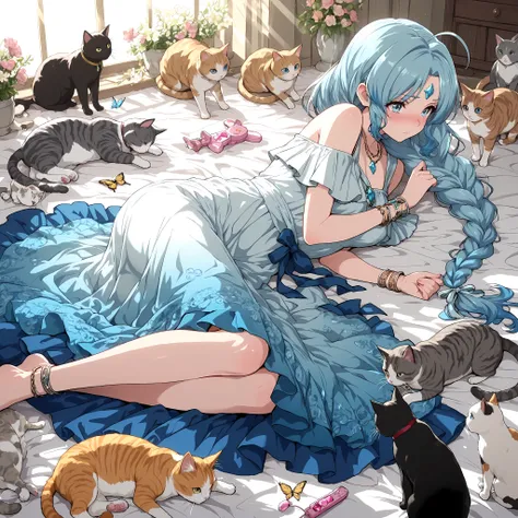 best quality, amazing quality,masterpiece,absurdres,ultra detailed, Cool Pose, High Quality, High Resolution ,High Definition,fullbody
,Th3r3s3, blue eyes, long hair, blue hair, forehead jewel, gem, braid, colored tips, sidelocks,,high definition eyes,deta...