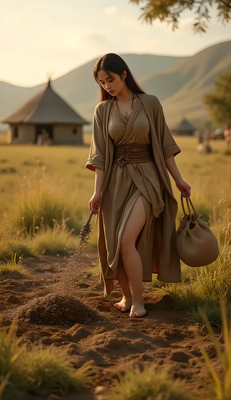 Ancient prehistoric age era, 
Stone age agriculture era, 

((Realistic cinematography ultra wide depth intense realistically ultra-detailed tile soil angle of scenery)),,the detailed of an Eurasian female farming spreading sack of seeds on a fertile soil,n...