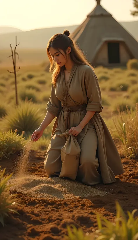 Ancient prehistoric age era, 
Stone age agriculture era, 

((Realistic cinematography ultra wide depth intense realistically ultra-detailed tile soil angle of scenery)),,the detailed of an Eurasian female farming spreading sack of seeds on a fertile soil,n...