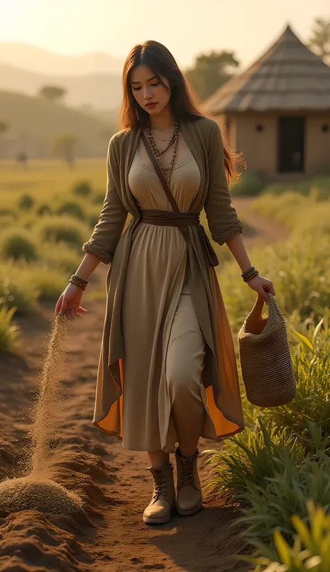 Ancient prehistoric age era, 
Stone age agriculture era, 

((Realistic cinematography ultra wide depth intense realistically ultra-detailed tile soil angle of scenery)),,the detailed of an Eurasian female farming spreading sack of seeds on a fertile soil,n...