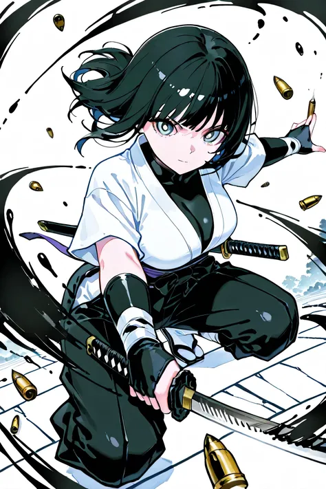1girl,ink painting,sumi-e \(painting\),samurai, holding a sword, equipped with a scabbard at the waist, cutting bullets, cutting bullets with a sword, bullets cut in half, dynamic scene,Dynamic,Stylish,((Bullet Time Dodge))
,BREAK masterpiece,best quality,...