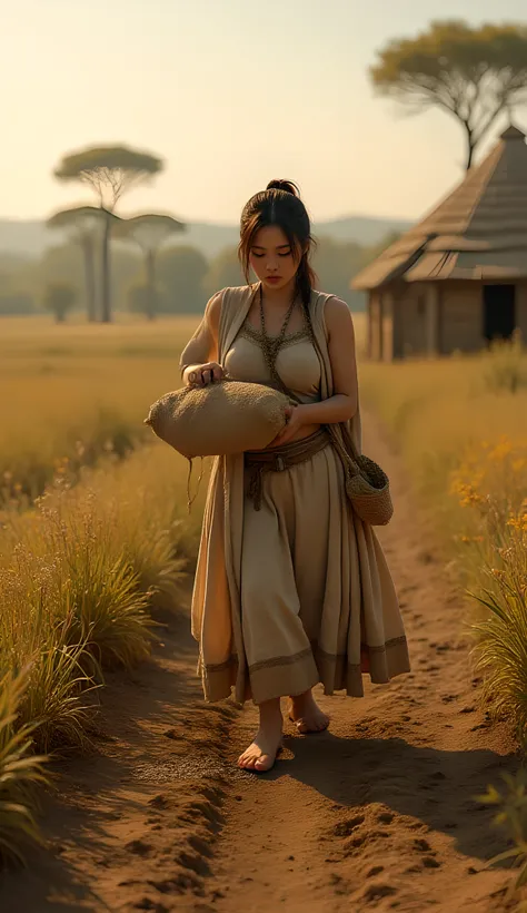 Ancient prehistoric age era, 
Stone age agriculture era, 

((Realistic cinematography ultra wide depth intense realistically ultra-detailed tile soil angle of scenery)),,the detailed of an Eurasian female farming spreading sack of seeds on a fertile soil,n...