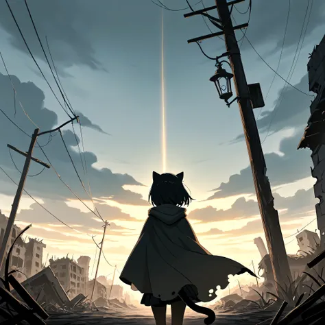 1girl,1cat,Illustrate a solitary girl and a cat embarking on a journey through a post-apocalyptic world, seen from behind. ,Capture the desolation and despair of this end-of-the-world scenario, with ruined buildings and a barren landscape stretching into t...