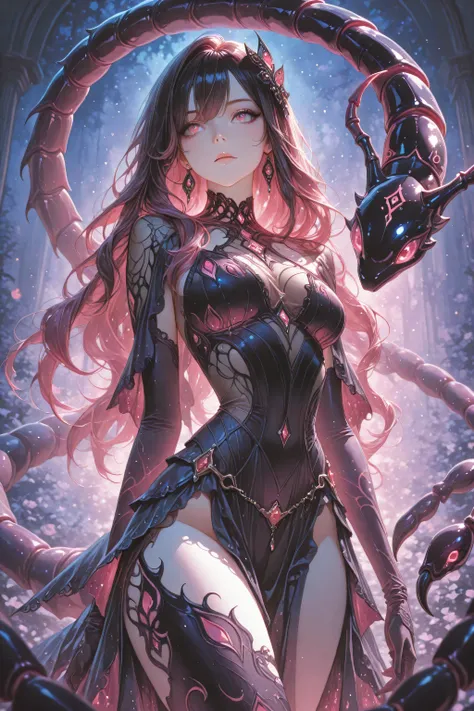 Lovely_Chu,novuschroma65 style watercolor, (masterpiece, top quality, best quality:1.2), Scorpio as a mysterious character with scorpion motifs, dark elegance, glowing stinger