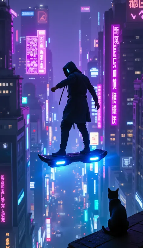 close-up of a mysterious figure, riding a large hoverboard, futuristic cityscape ,illuminating a vast cityscape with bright neon lights,Neon signs with predominantly purple and blue hues,  green,City full of skyscrapers, Decorated with glowing advertisemen...