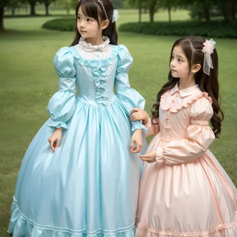 Lots of princess girls,10 years old,long hair, Pastel Princess Dress,victorian dress,long sleeve,puff sleeve,ruffle sleeve,is anatomically correct,Full Body,Distant view,