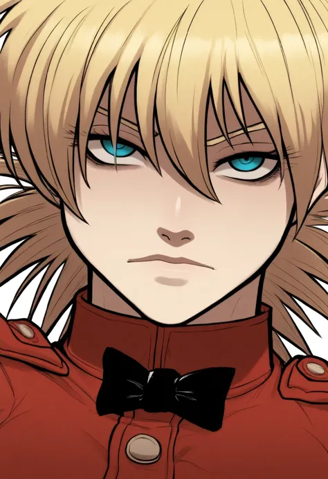 1girl, solo, white background, portrait, long sleeves, 
masterpiece, best quality,  ytrprm, seras victoria, hellsing, blonde, bowtie, looking at viewer, dominatrix, femdom, apathetic 