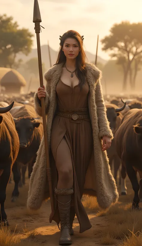Ancient prehistoric age era,
Stone civilization age era,
((Realistic cinematography ultra wide depth intense stunning lots of realistically ultra-detailed sheeps herd angle of scenery)),,the detailed of an Eurasian female herder herding a lot of cows,in...