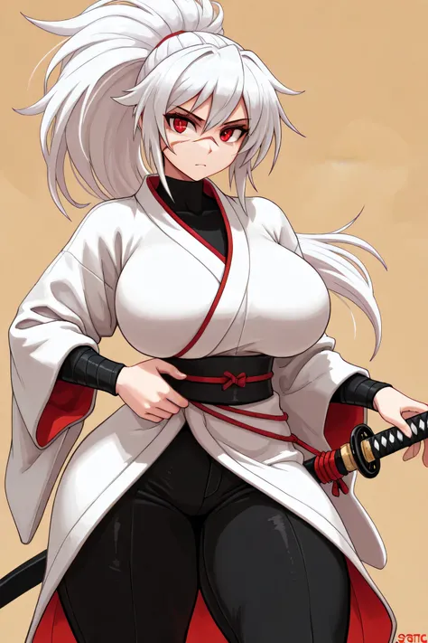 female, white long hair, ponytail, big breasts, big thighs, white kimono, katana on kimono, black pants, black undershirt, red eyes, scar on face, strong, stoic, (masterpiece), best quality,