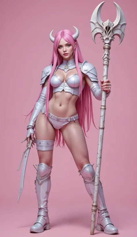 Centered medium wide shot of a warrior with light skin, long flowing braided hair in vibrant pink and white, dynamic motion strands. Wearing ornate white-pink armor, horned helmet, form-fitting bodysuit with cutouts, armored gauntlets, heavy boots. Mid-act...