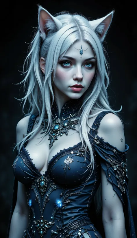 A female nekomimi with pale blue-tinted skin and long silver-white hair appears in a medium close-up, three-quarter view. Cat ears crown her delicate, serene face as she gazes slightly right. She wears a fitted dark blue dress adorned with intricate beadwo...