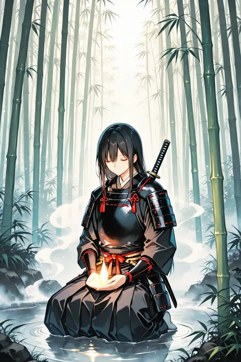  samurai, kneel, bamboo forest, Fog Background,  Traditional Armor , knives, meditation, natural light, Japan's aesthetic sense, digital ink painting, tree々sunlight shining in between, Tranquil Mood, Super Detailed, brushwork texture, 4K, masterpiece