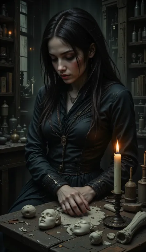 A detailed medium shot, psychological dark fantasy. A woman sculpts faces from cold wax and powdered ash. Each face represents a forgotten emotion—she carves them with tools made of bone and intuition. As she works, the faces whisper secrets to her, and he...