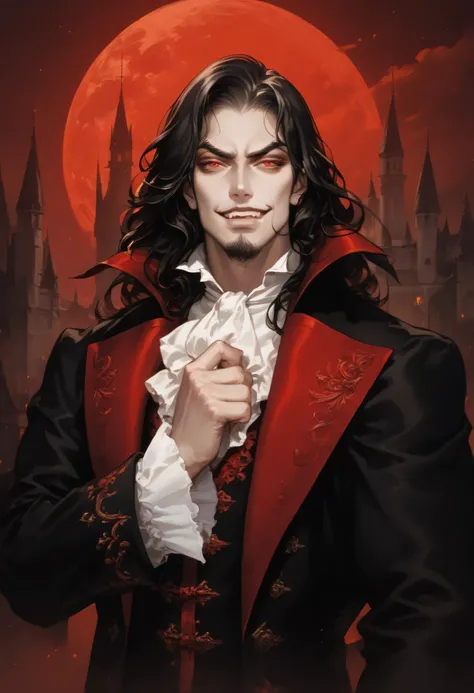 masterpiece, solo, Dracula, handsome, evil smirk, vampire, long black hair, pale skin, red eyes, (pointed goatee), long Edwardian black coat, (castle background), red moon, Castlevania