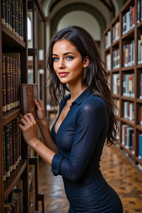 ((photographic hyperrealism:1.5)), ((anatomically correct human body:1.5)), ((proper human proportions:1.4)), breathtakingly beautiful librarian with ((generous bust:1.3)), perfect figure, wearing sophisticated navy blue dress, standing on antique wooden l...