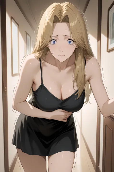 anna liebert, long hair, blue eyes, blonde hair, parted bangs, hair intakes, forehead, mature female, medium breasts,
camisole, spaghetti strap, black camisole, cleavage, collarbone, bare shoulders,
Solo, general, masterpiece, highres, ultra-detailed, h...