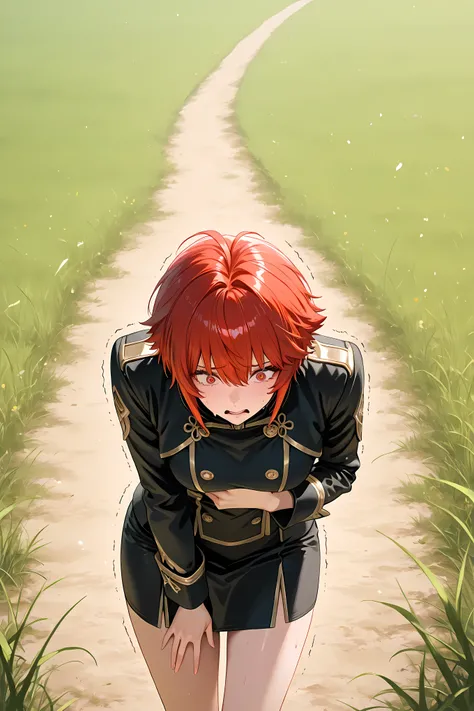 hinoka, red hair, red eyes, short hair, black jacket, black buttons, black skirt, gold trim, bare thigh, half body shot, facing front, solo,
general, masterpiece, highres, ultra-detailed, hyper-detailed, best quality, amazing quality, very aesthetic,...