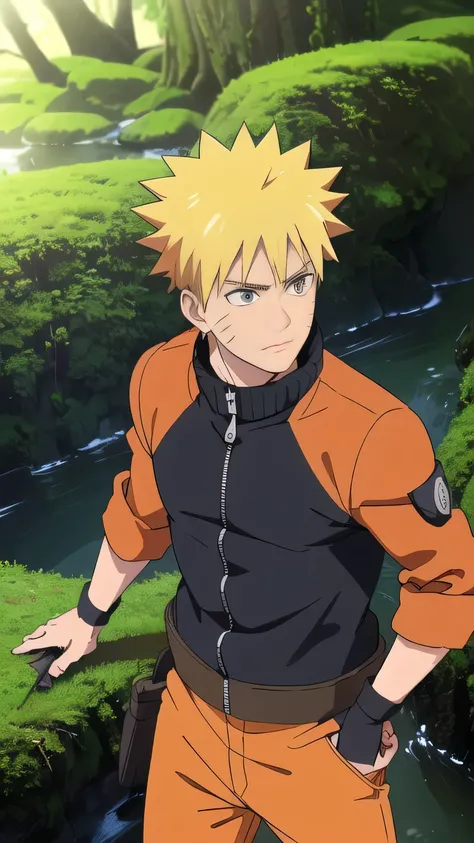 RAW digital art, ultra-realistic 3D render of a strong man resembling Naruto, ((young man)), ((highly detailed face:1.3)), ((perfectly portioned body, perfect male figure:1.3)), ((athletic, subtle strength:1.3)), (confused gaze)), ((flawless skin texture, ...