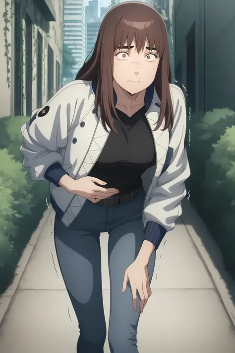 kiruko, long hair, bangs, brown hair, brown eyes, thick eyebrows, mature female, medium breasts, anime screencap, jacket, belt, pants, hood, denim, jeans, black shirt, open clothes, open jacket, white jacket,, Solo, general, masterpiece, highres, ultra-det...