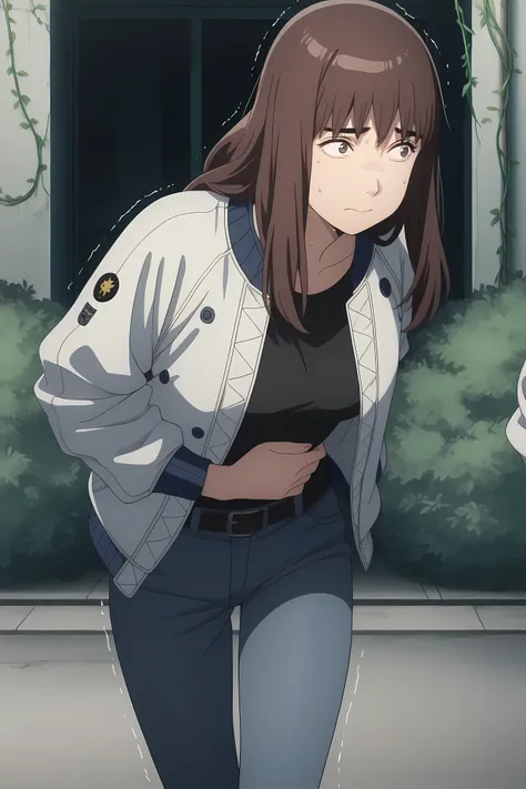 kiruko, long hair, bangs, brown hair, brown eyes, thick eyebrows, mature female, medium height, medium breasts, anime screencap, jacket, belt, pants, hood, denim, jeans, black shirt, open clothes, open jacket, white jacket,, Solo, general, masterpiece, hig...