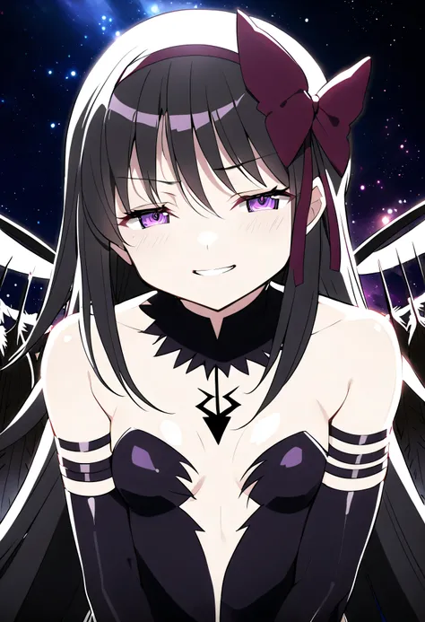 1girl, akuma homura, pov, bare shoulders, black gloves, (shiny skin:1.5),black hair, black wings, small breasts, , bow, dress, elbow gloves, feathered wings, hair bow, hair ribbon, long hair, purple eyes, glowing eyes, evil smile:1.5, ribbon, wings, space...
