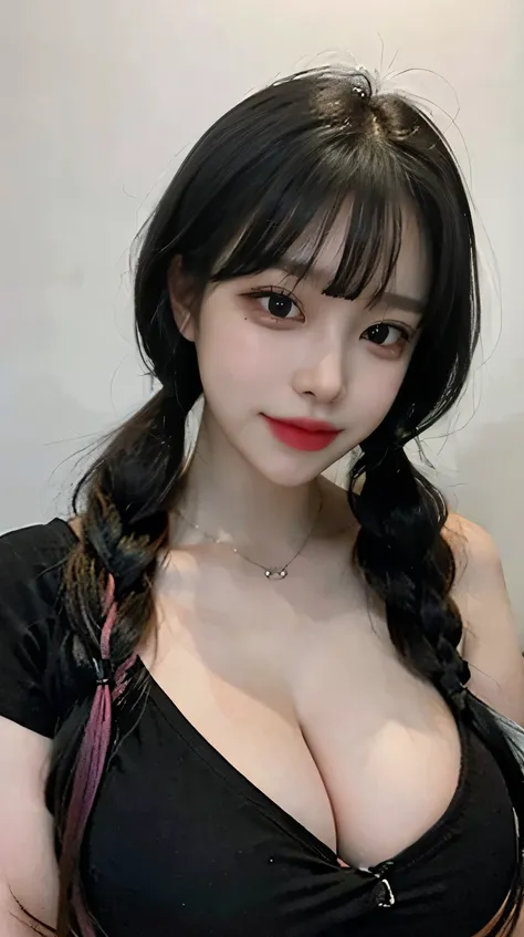 1 girl, beautiful girl,((( big tits))),girl doing cosplay, pink hair, two pony tails hair style, and bangs,((( bangs))), black eyeliner, black lipstick, realistic, ,short t-shirt, ((( half body)))