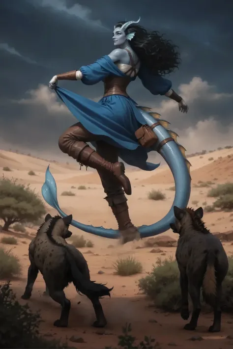 (Back view of an animal of a hyena falling to the ground watching Kedra in the distance:1.6). View from afar, Extreme view from below on Kedra, a woman with blue-gray skin (, you can see a very long, thick dragon tail spreading down the ground behind her),...