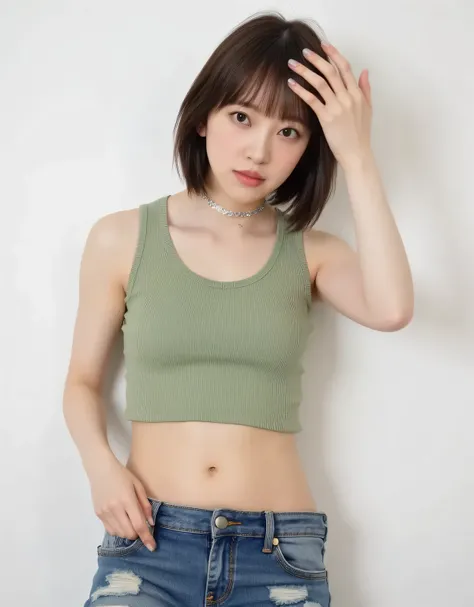 Minami Hori,top quality, ultra-realistic, single woman, perfect anatomy, perfect fingers, slim body, toned waist, thin thighs, heavily ripped washed denim jeans fastened with safety pins, slim ivy green tank top, silver choker necklace, asymmetrical haircu...