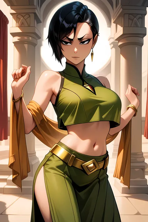 Masterpiece, highly detailed, beautiful woman, character, Star Trek (Vulcan female),_medium_breasts_, short_eyebrows, slanted eyebrows, thin eyebrows, tsurime eyes, calm, black hair, short hair,asymmetrical hair style, pointed_ears, olive_complextion, bare...