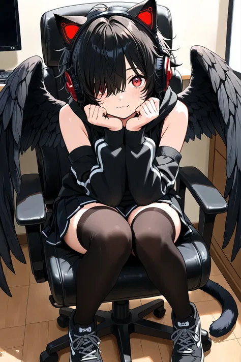 ,headphones, animal ears,Right eye hidden, anime style, huge anime eyes, detailed character, cute face, short hair, hair over right eye, short black messy hair, black stylish hoodie, detached sleeves, black pleated skirt, thigh high stockings, black sneake...