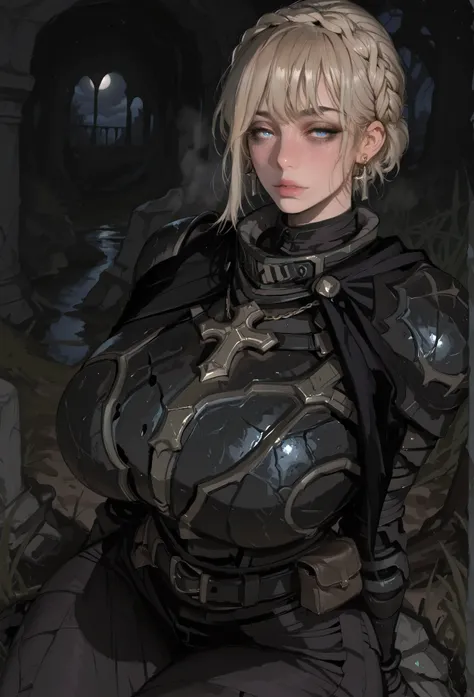 NeedleKnightLeda, blue eyes, blonde hair, bangs, crown braid, black plate armor, black cape, black breastplate, Knight, black gloves, black gauntlets, black shoulder armor, black pants, cross necklace, cross earrings, long gloves, black light armor, black ...