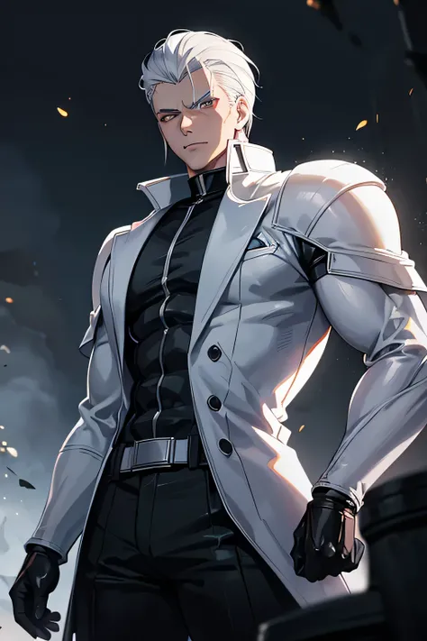 anime style, upper body portrait, powerful and muscular 28-year-old male villain, short slicked back white hair, intense cold gaze, wearing long white leather coat and black long pants, imposing physique with visible muscle armor, photorealistic anime lig...