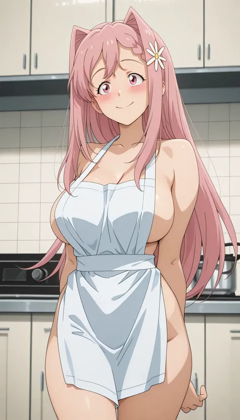 mkhekaren, pink eyes, long hair, pink hair, hair intakes, braid, hair flower, large breasts, [Masterpiece], Best quality, [Perfect human body (especially the fingers)], Japanese TV anime style (anime capture), one woman only, standing completely nude (wear...