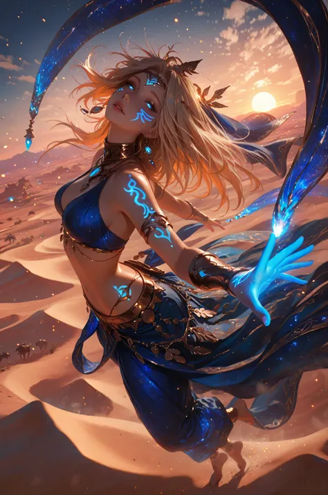 femillustration,aidmaMJ6.1, a full body portrait of a female dancer (intense details, Masterpiece, best quality) fantasy celestial dancer, she magically dances in the desert at dawn to greet the sun rise, , epic beautiful female dancer, blond hair , rich ...