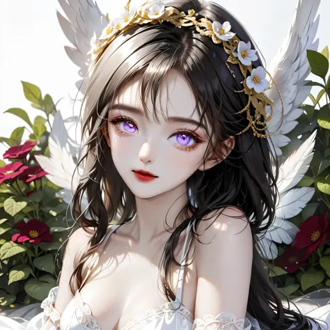 ((Top quality, 8K, best quality, masterpiece, ultra realistic)), ((Beautiful angel with odd eyes)), ((Heterochromia, golden eyes, silver eyes)), ((Sparkling and detailed eyes)), (Very precise eyes), (Long hair with a mixture of platinum and purple), Prince...