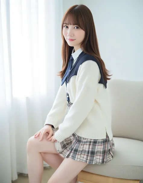 a young woman named Mayu. She is wearing a white sweater vest with a black collar and a blue tie. She has long straight brown hair with bangs and is posing with one hand on her hip and the other resting on her thigh, and skin is snow-white. She's barefoot,...