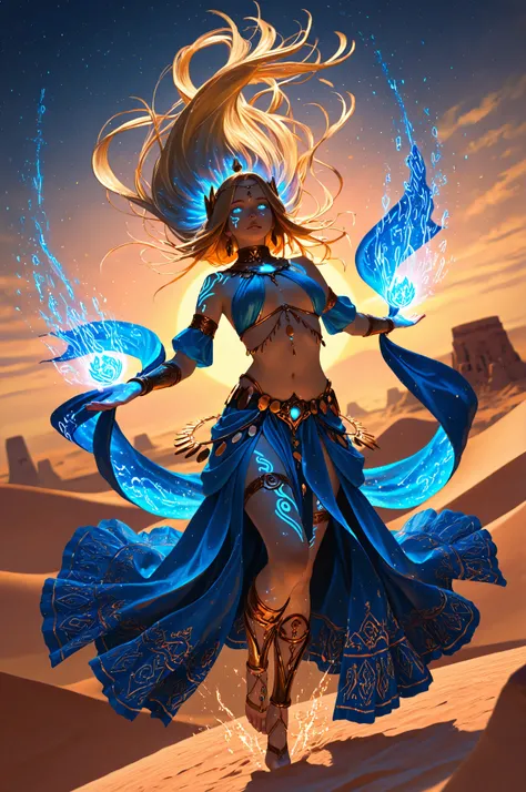 femillustration,aidmaMJ6.1, a full body portrait of a female dancer (intense details, Masterpiece, best quality) fantasy celestial dancer, she magically dances in the desert at dawn to greet the sun rise, , epic beautiful female dancer, blond hair , rich ...