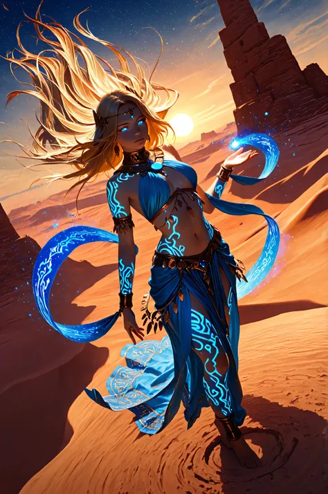 femillustration,aidmaMJ6.1, a full body portrait of a female dancer (intense details, Masterpiece, best quality) fantasy celestial dancer, she magically dances in the desert at dawn to greet the sun rise, , epic beautiful female dancer, blond hair , rich ...