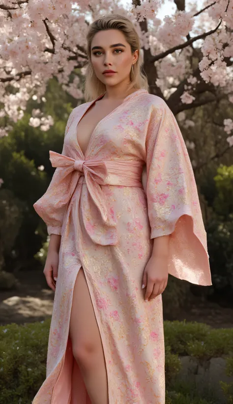 Florence Pugh, bright makeup, wearing sexy traditional Japanese kimono, decorated with intricate floral patterns in silk fabric, wide obi belt tied at the back with a graceful bow, soft pastel colors with subtle gold accents, standing in a serene Japanese ...