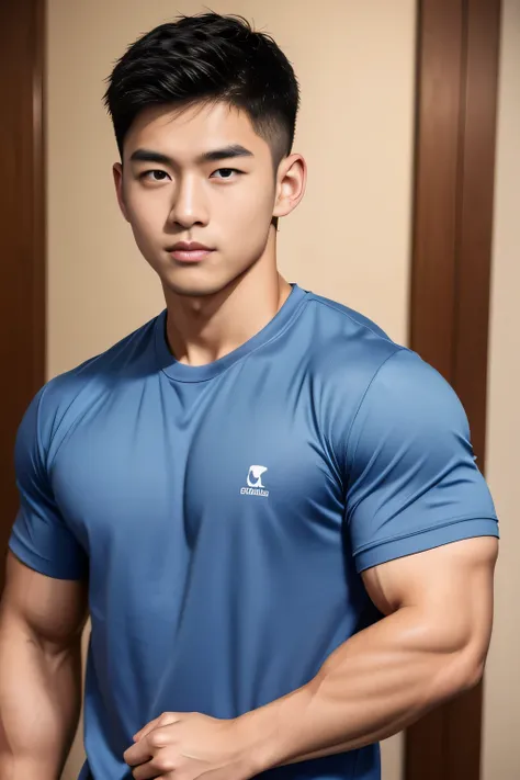 18-year-old male、Japanese、handsome guys、Macho、athletes、plain navy colored clothes、Shaved head