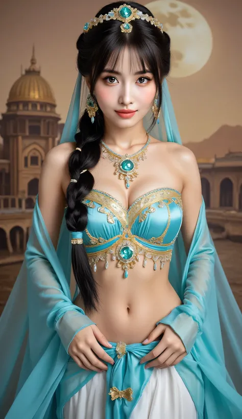 Detailed proportions and textures and multi-color with airbrushed brush strokes that presents a semi-realistic illustration in ChineseA young Princess Jasmine is predominantly bright beige with vibrant gold accents, creating a dramatic contrast (full body,...