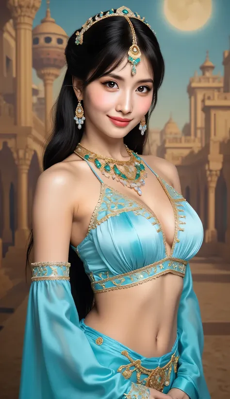 Detailed proportions and textures and multi-color with airbrushed brush strokes that presents a semi-realistic illustration in ChineseA young Princess Jasmine is predominantly bright beige with vibrant gold accents, creating a dramatic contrast (full body,...