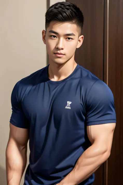 18-year-old male、Japanese、handsome guys、Macho、athletes、plain navy colored clothes、Shaved head