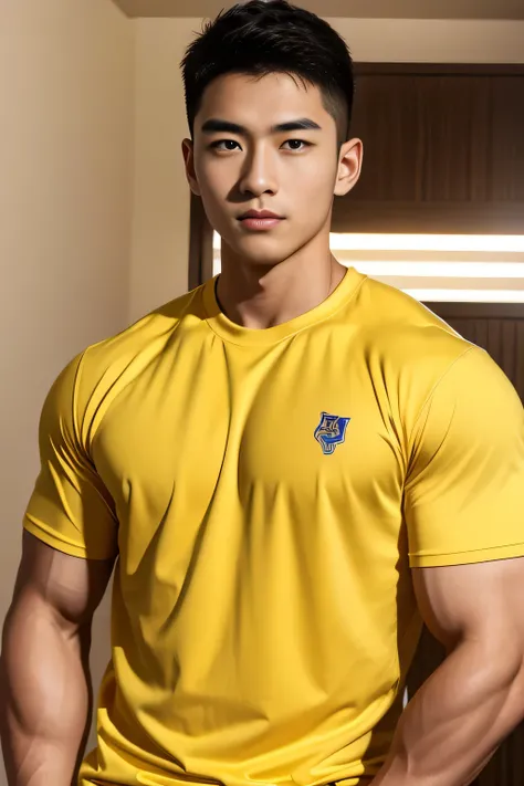 18-year-old male、Japanese、handsome guys、Macho、athletes、plain yellow clothes、Shaved head
