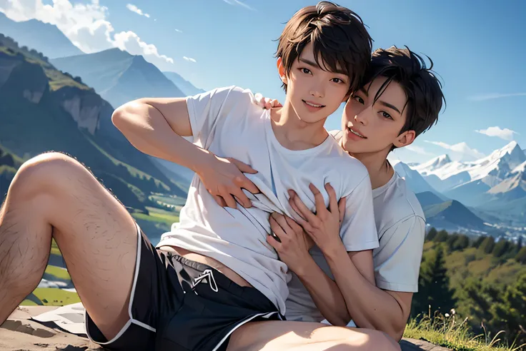 Adult Male　handsome guys　Japanese　　　 slim figure　Thin　short hair　dark haired　　　whiteｔshirt　　White Shorts　白のknee-length shorts　My crotch when my legs are open 　 Plateau　　the background is a beautiful sky and mountains　　Make your face bigger　　looking at the ...