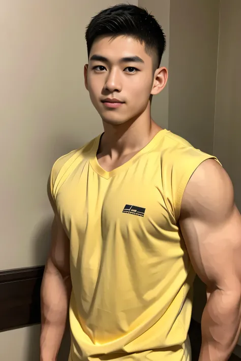 18-year-old male、Japanese、handsome guys、Macho、athletes、plain yellow clothes、Shaved head