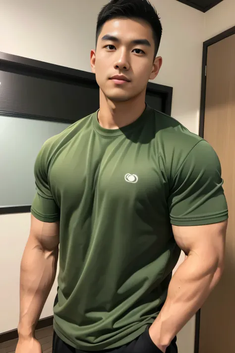 18-year-old male、Japanese、handsome guys、Macho、athletes、plain green clothes、Shaved head